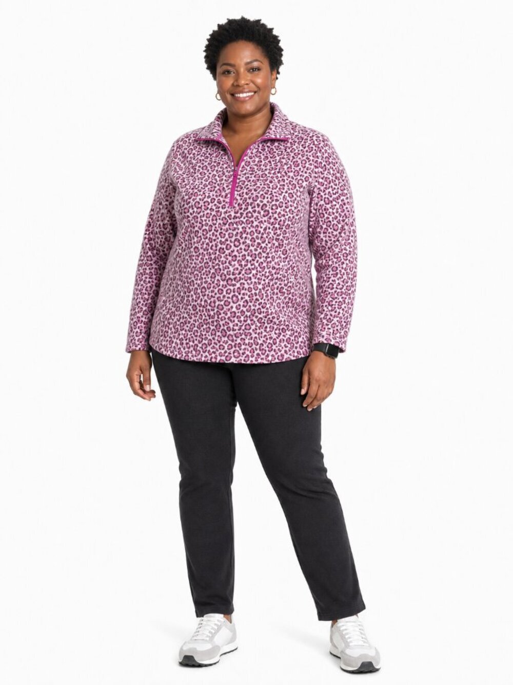 Lands' End Leopard Fleece Pullover Quarter Zip Pink Size 2X